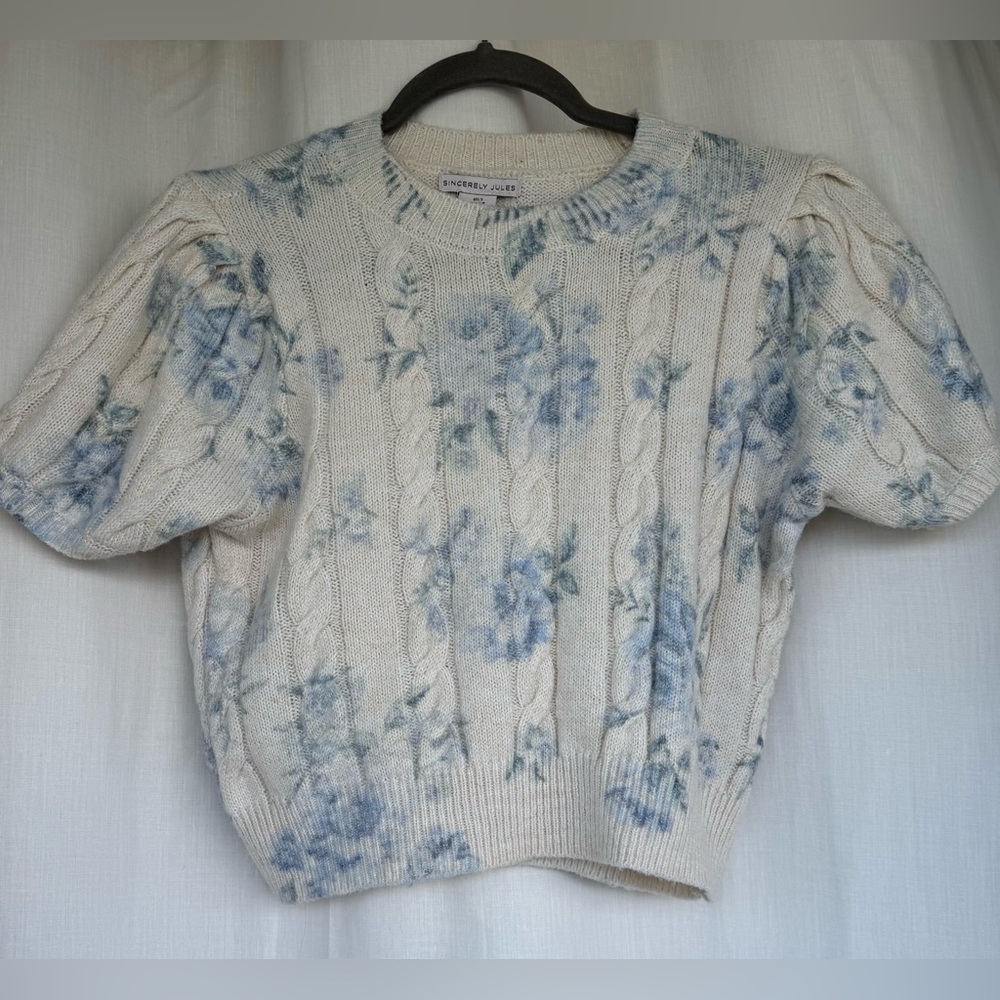 Sincerely Jules Short Balloon Sleeve Cable Knit Cream with Blue Flowers. Size S